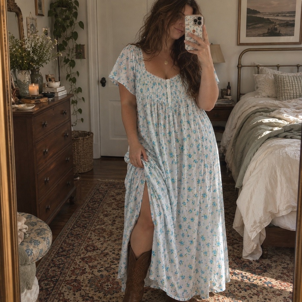 Floral Smocked Nightgown Maxi Dress Flutter Sleeve Cottagecore Praire